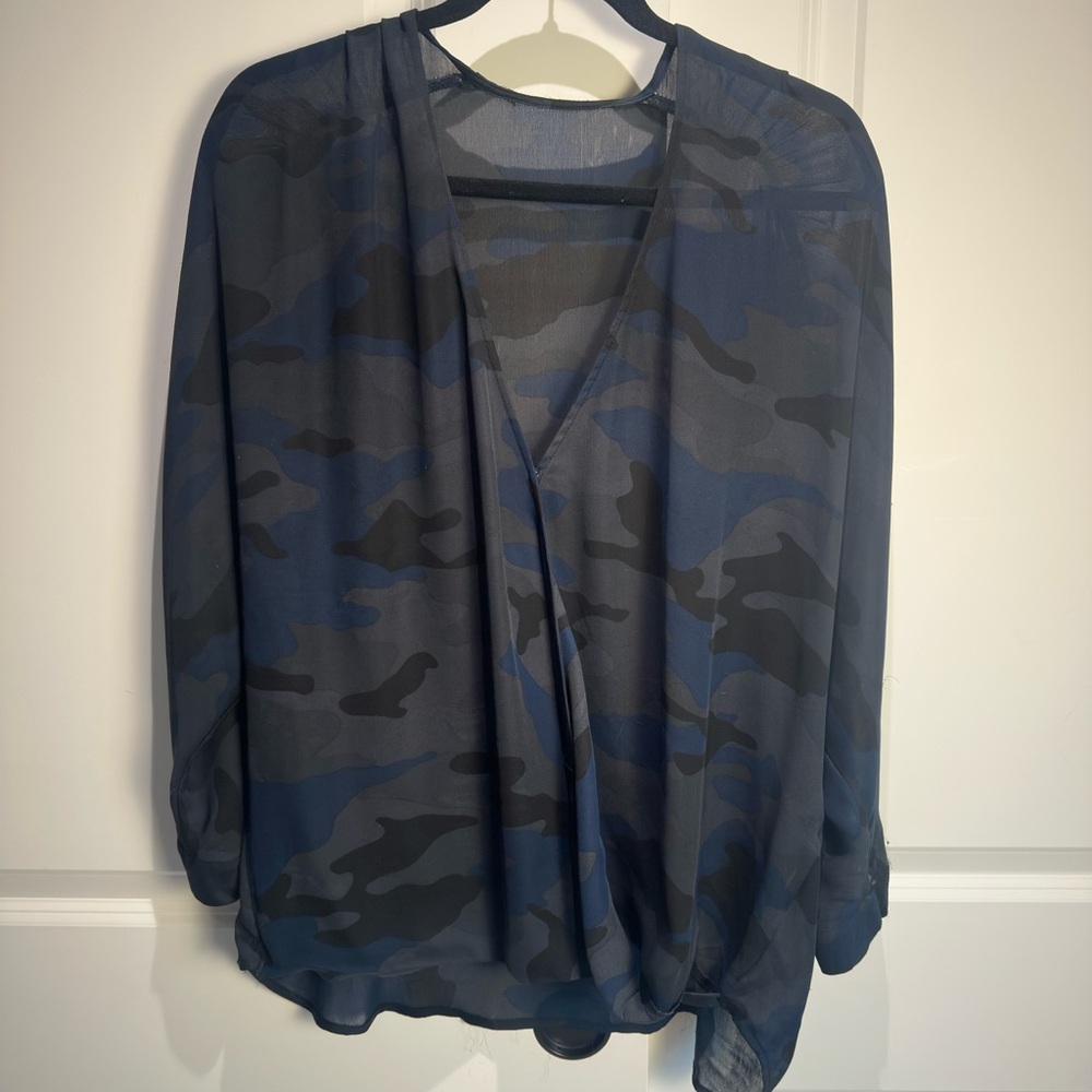Sheer Navy & Charcoal Camouflage Blouse. Size L